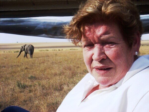 Helen driving past an elephant