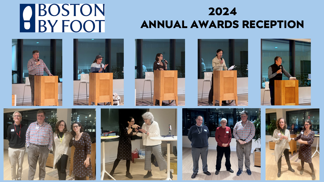 Boston By Foot 2024 Annual Awards Reception with people posing in front of a table with books