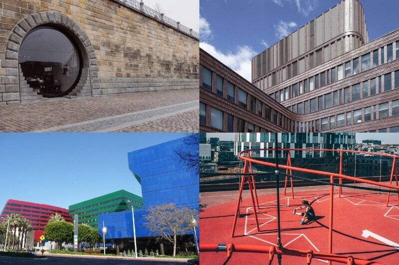 four images showing architectural urban settings