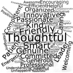 word cloud describing samantha nelson friendly kind thoughtful smart