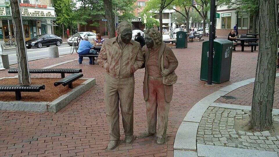 Davis Square sculpture of couple walking