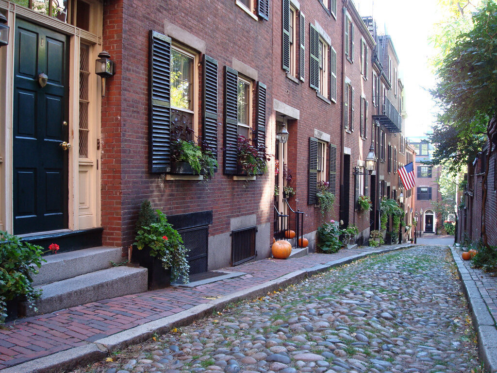 Beacon Hill Cobblestone Street with Brick Homes