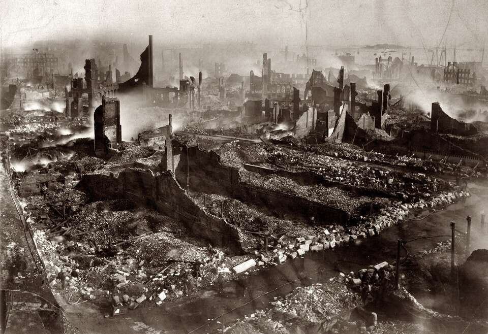 Burned buildings and homes in boston after the great fire