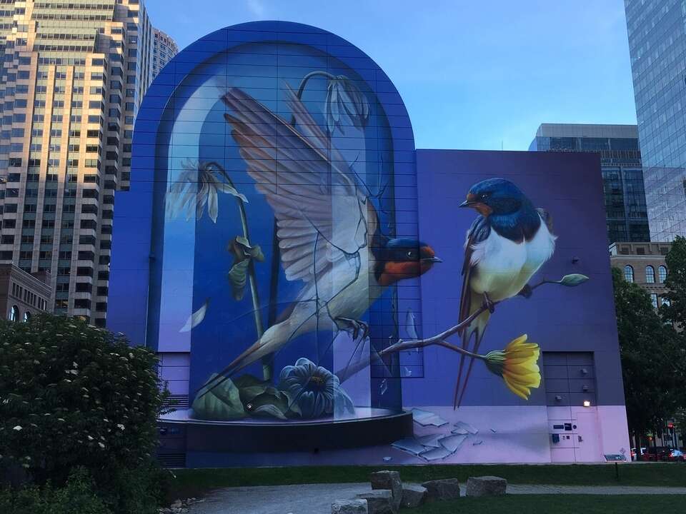 mural of birds on boston's kennedy greenway