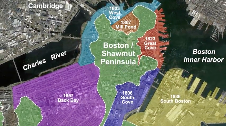 Map of old Shawmut Peninsula overlayed on Modern Boston