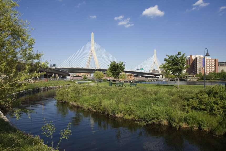 View of the Zakim bridge and Bunker Hill from the waterfront
