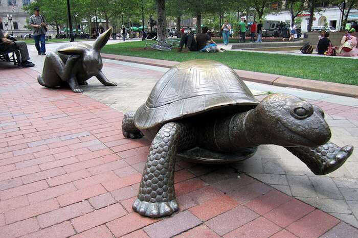 Tortoise and hare sculpture in Boston Public Garden