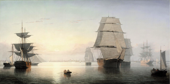 painting of old sailing ships in boston harbor