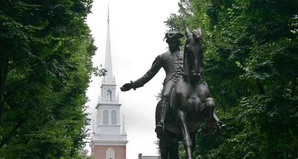 Statue of Paul Revere in front of the Old North Church Boston